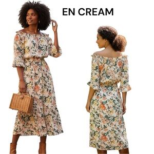 EN CREAM Boho Floral Off-Shoulder Dress size M mix of colors: peach, greens